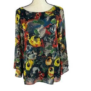 Alice + Olivia Beaded & Sequined Blouse Watercolor Brushstroke Print